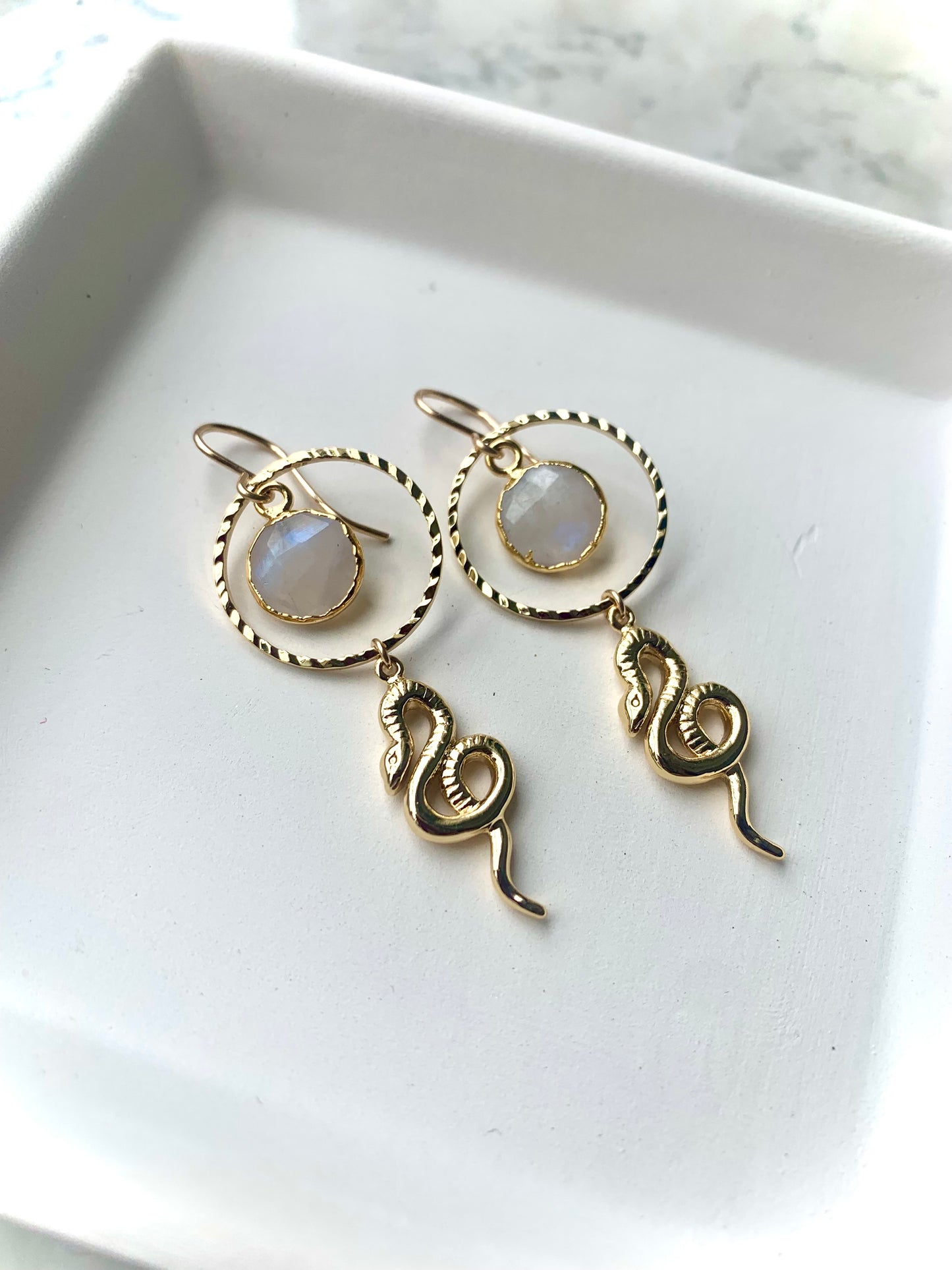 Snake and Moonstone Gold Earrings