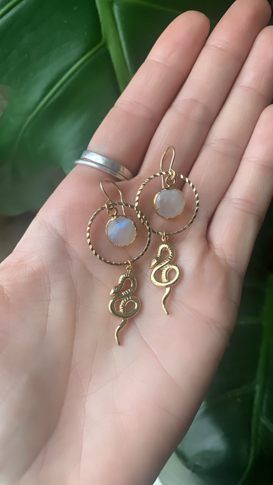 Snake and Moonstone Gold Earrings