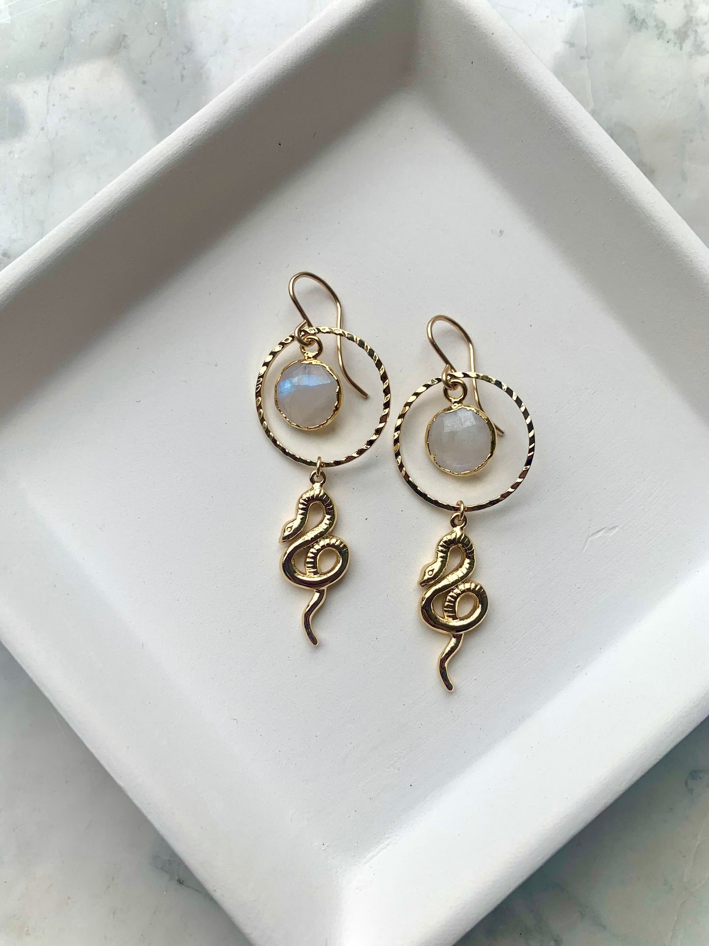 Snake and Moonstone Gold Earrings