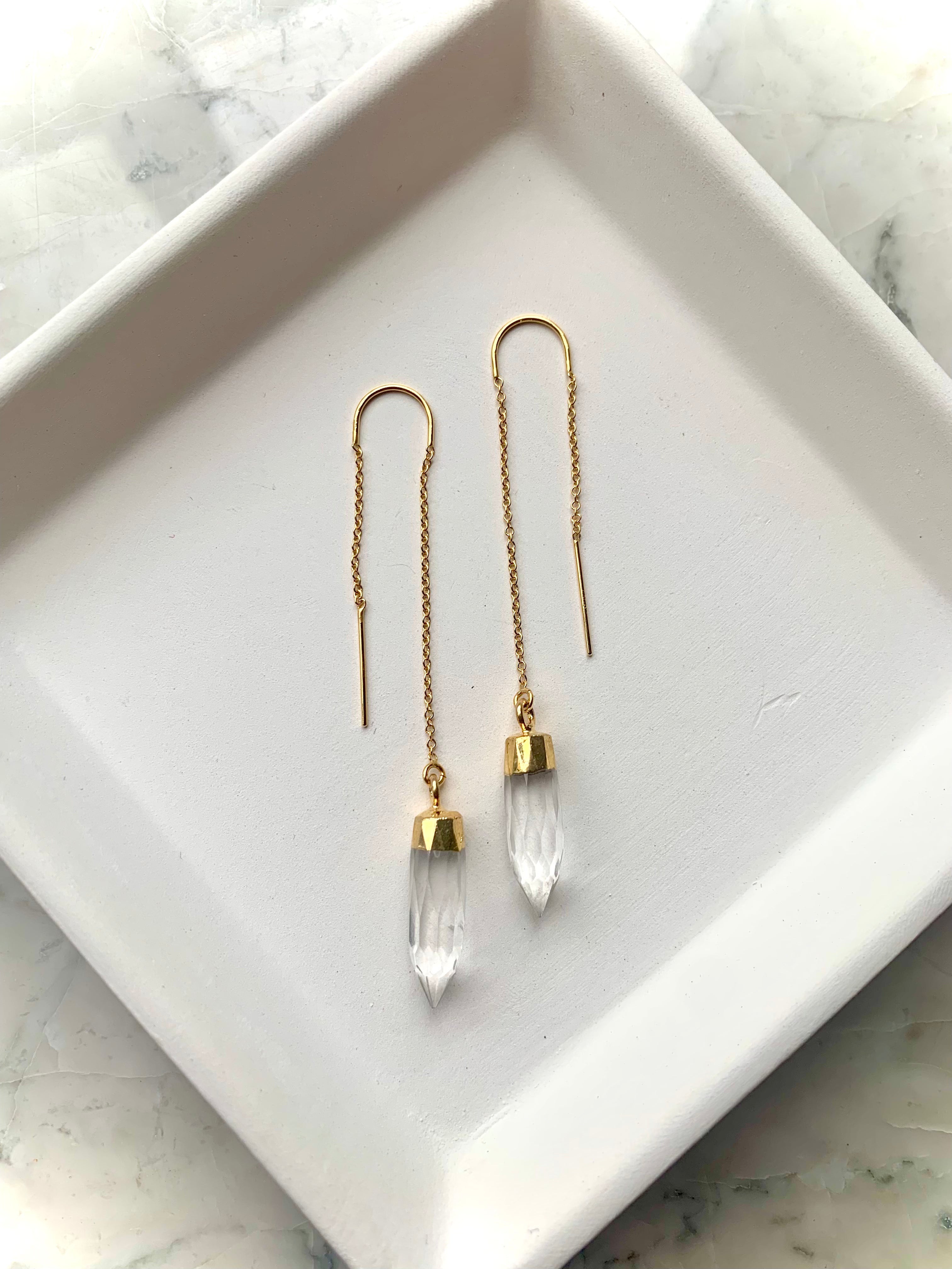 Elongated Gold Chain Crystal Quartz Earrings - Found Wanderer