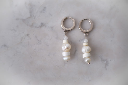 Pearl Beaded Silver Hoop Earrings