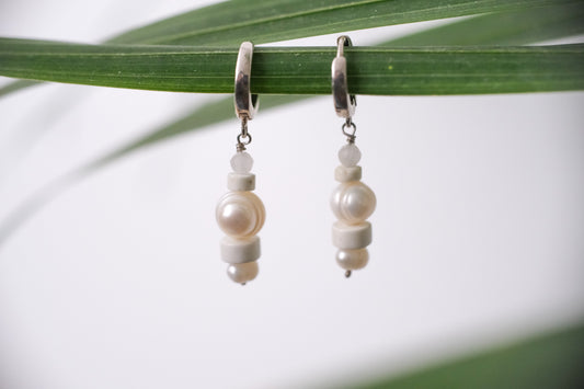 Pearl Beaded Silver Hoop Earrings