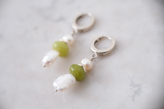 Pearl & Jade Silver Hoop Earrings