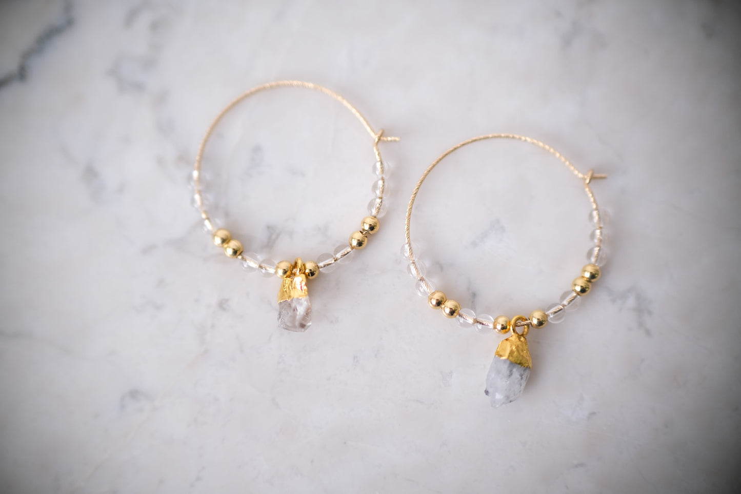 Herkimer & Quartz Beaded Gold Hoops