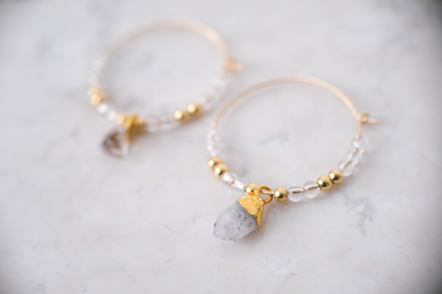 Herkimer & Quartz Beaded Gold Hoops