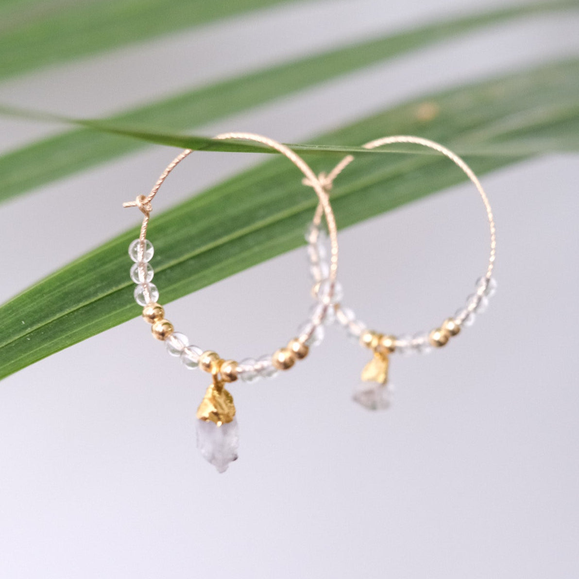 Herkimer & Quartz Beaded Gold Hoops