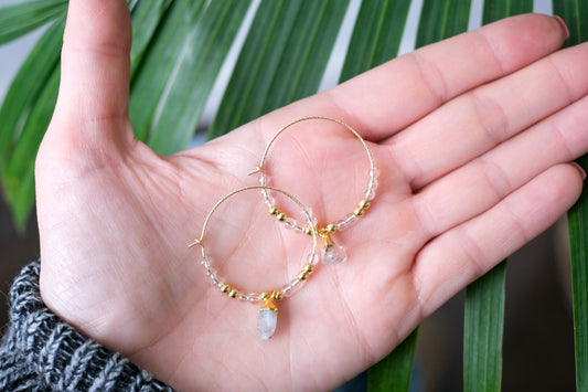 Herkimer & Quartz Beaded Gold Hoops