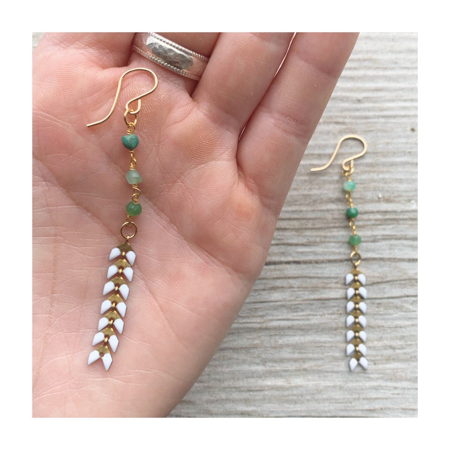 Green Chrysoprase Rosary and Enamel Dangle Earrings