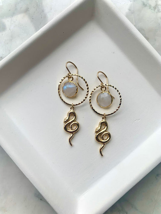 Snake and Moonstone Gold Earrings